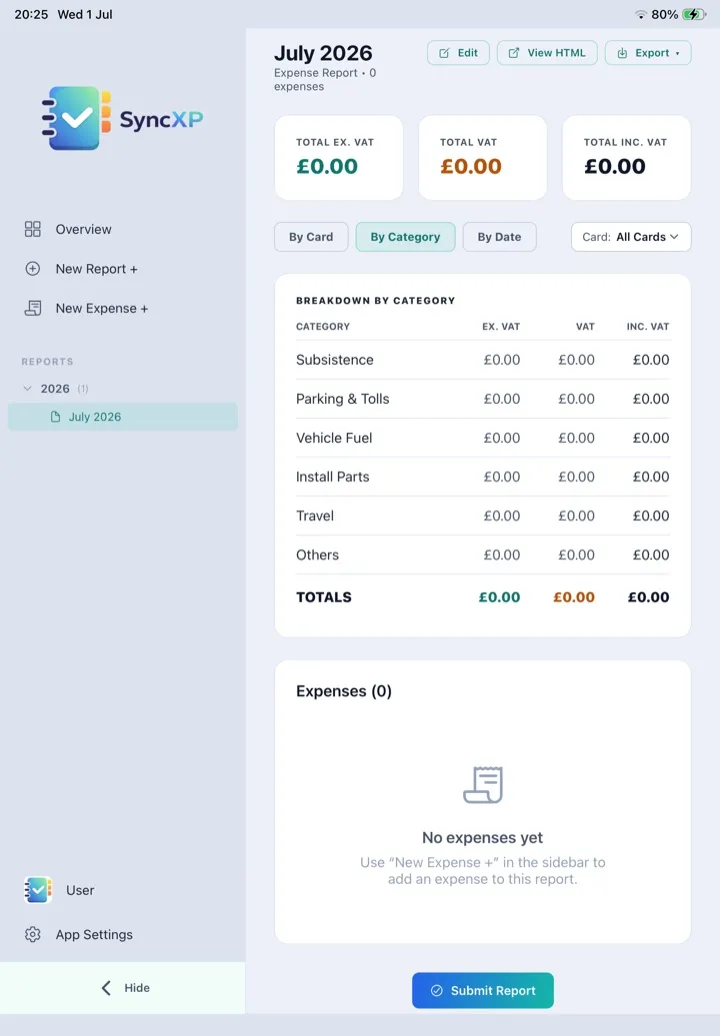 SyncXP on iPad — monthly expense report